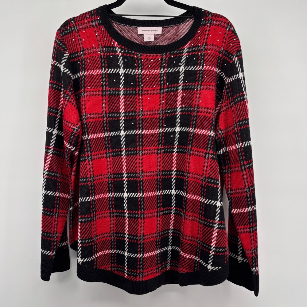 Allison Daley Red Black Plaid Rhinestone Knit Sweater XL Holiday Crew Neck